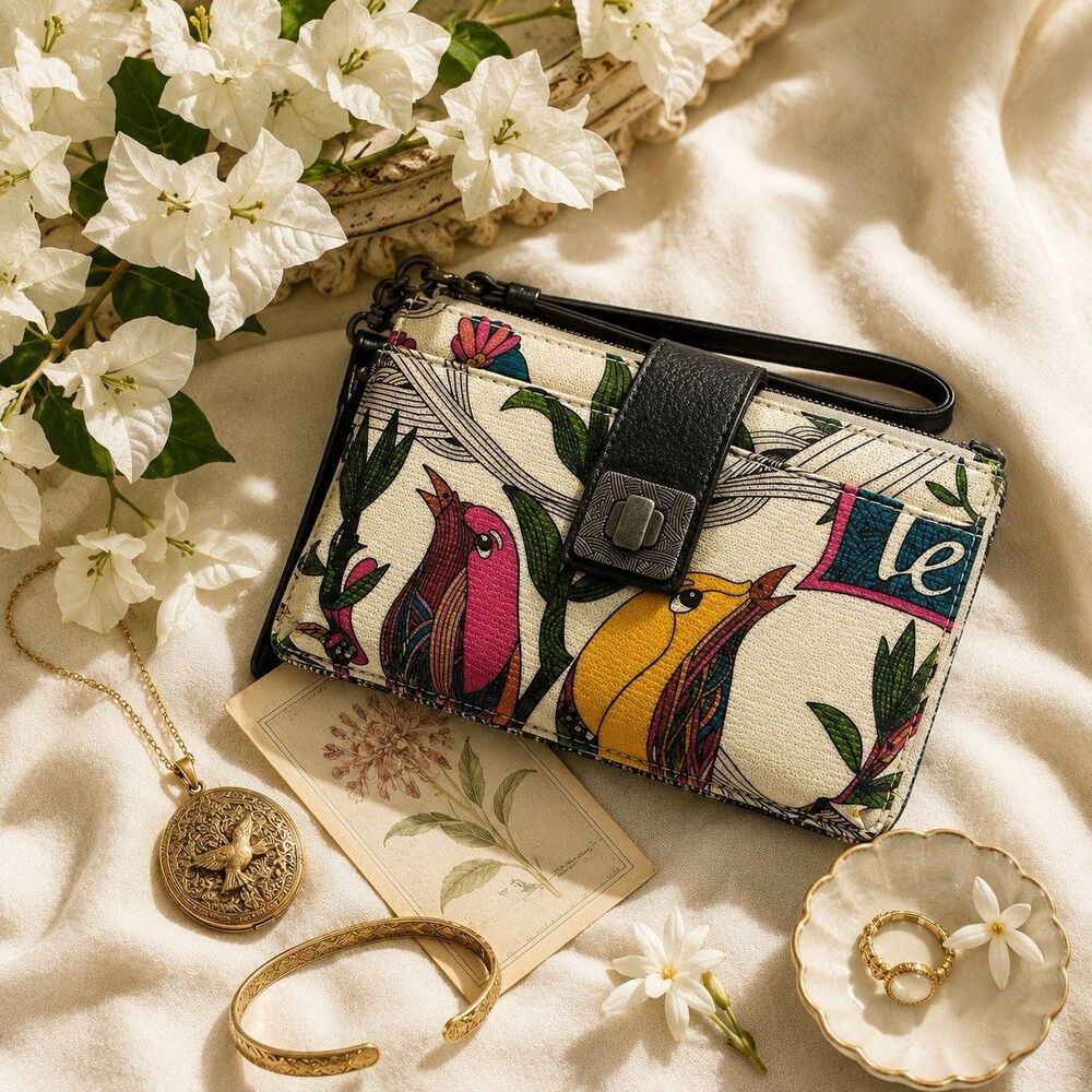 Sakroots Artist Circle Wristlet Clutch Wallet Crossbody Floral Bird Print Bag